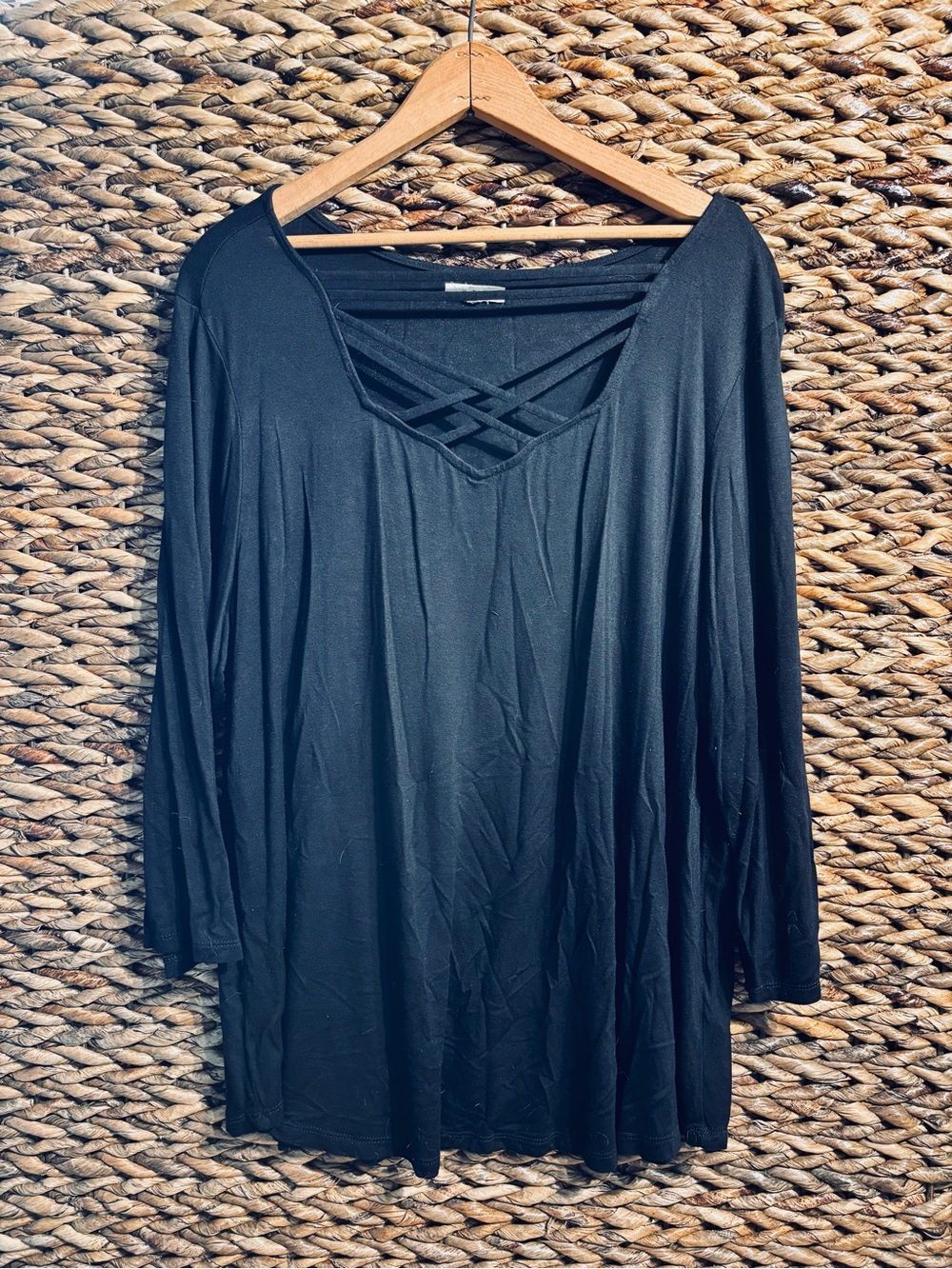 Maurices Black 3/4 Sleeve Crisscross Neck Top